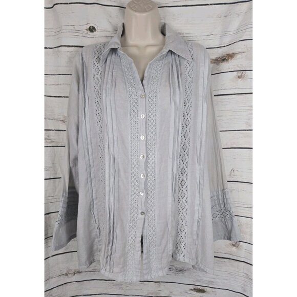 Sundance JP & Mattie Top L Gray Lace Pleated 100% Cotton Sheer Gauze - Picture 1 of 7